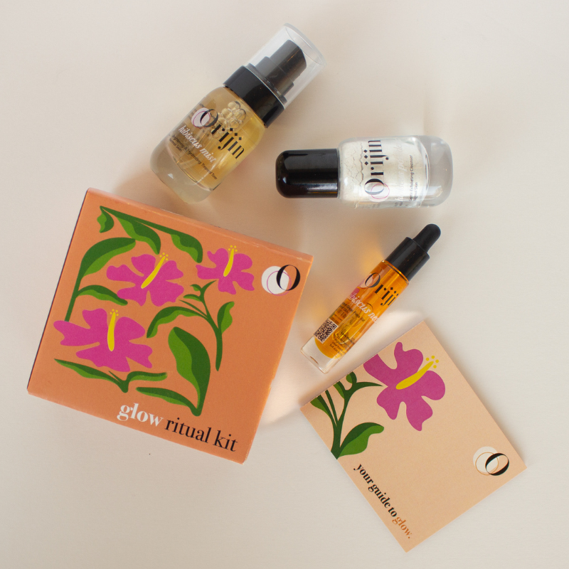 Glow ritual kit with floral design on a beige background